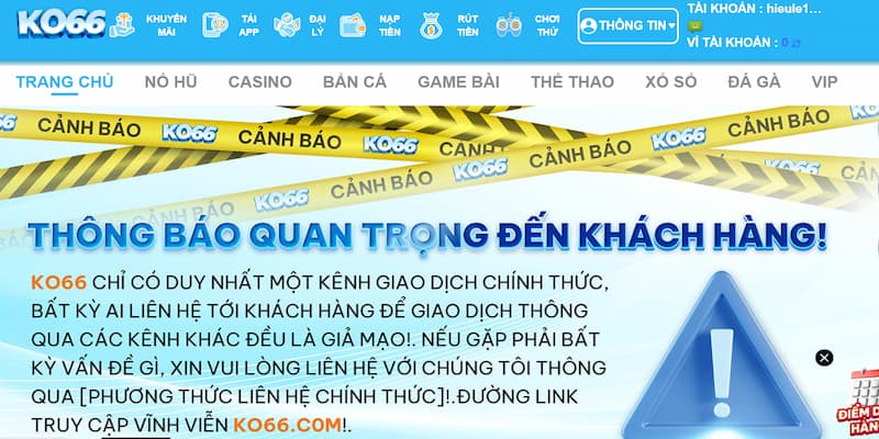 Giao diện website KO66 qua link vào uy tín